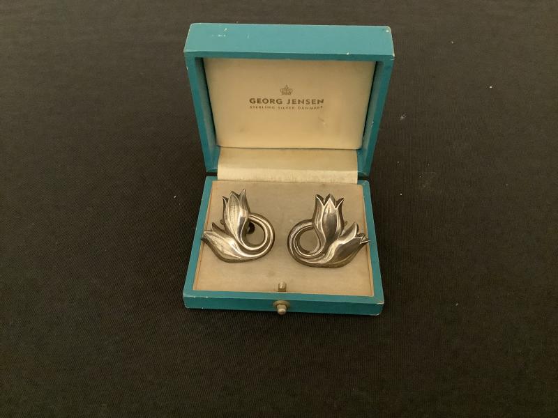 Georg Jenson silver 1920’s tulip earrings with original box.