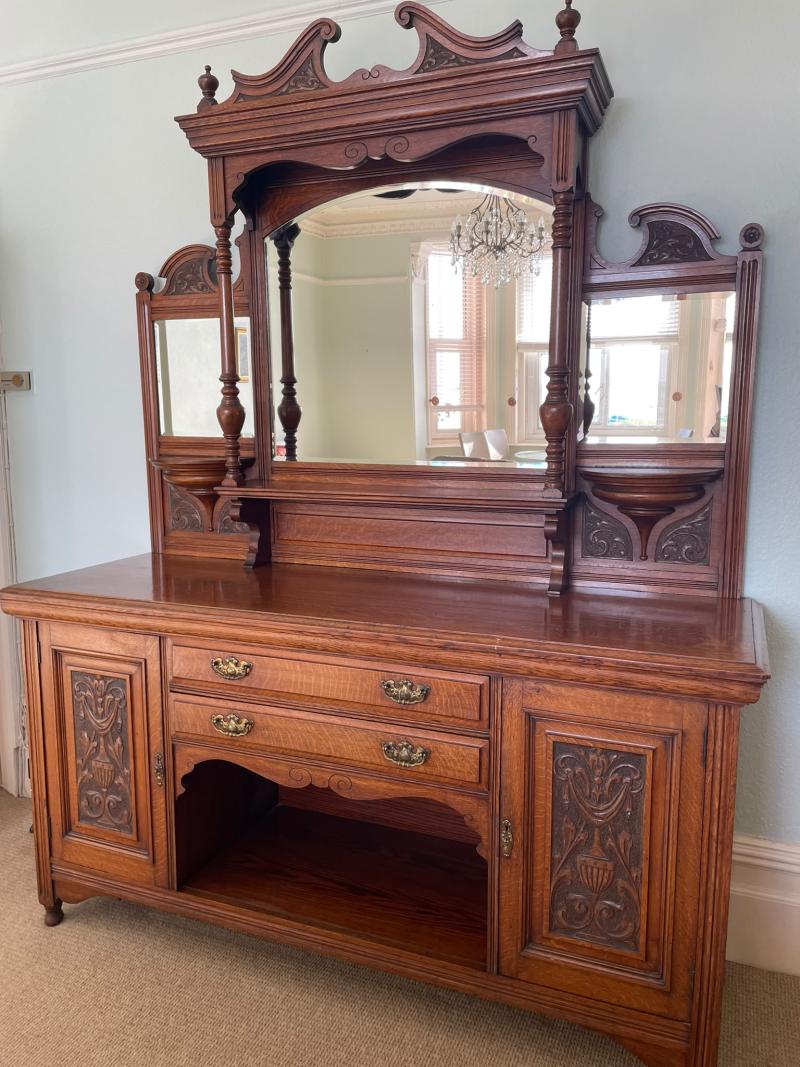 Large oak  Victorian chiffonier by Thomas love Perth.